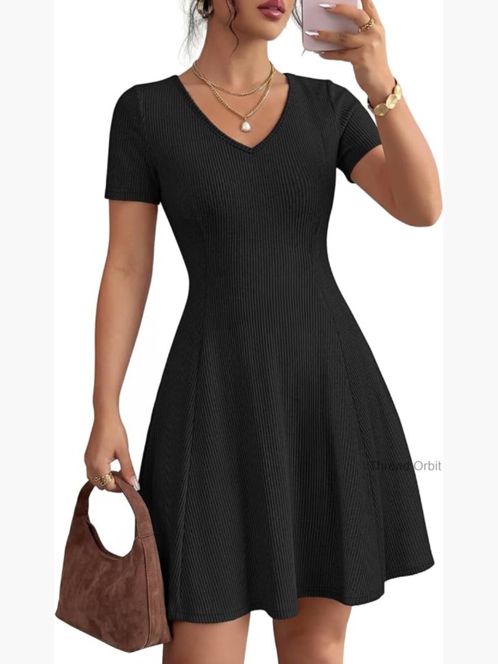 Ribbed Knit Mini Dress V Neck Short Sleeve A Line Flowy Summer Work Dress
